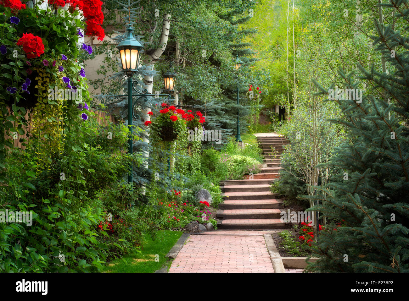 Pathway in garden in Vail Village, Vail, Colorado Stock Photo