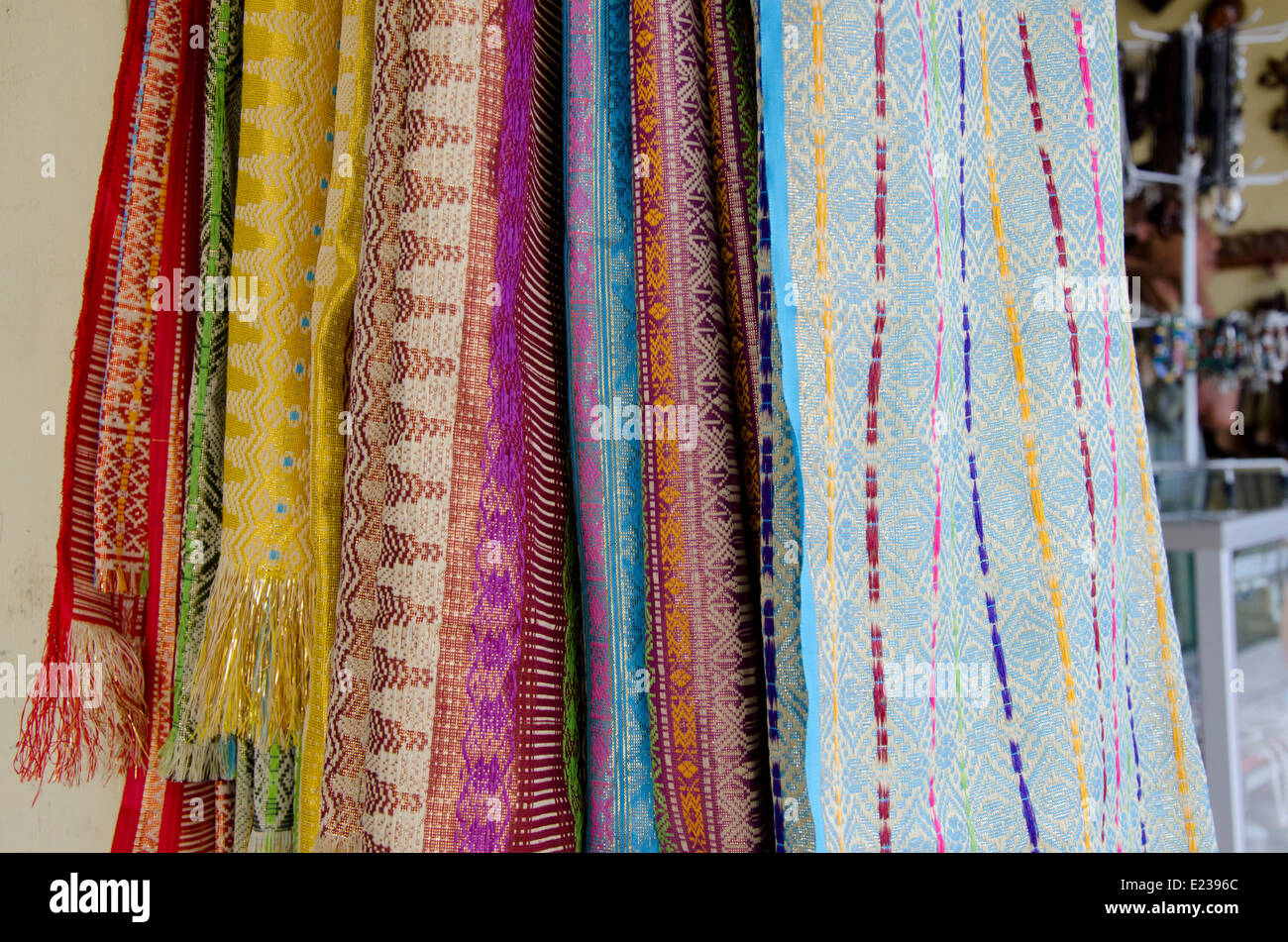 Indonesia, Island of Lombok, Gunnungsari. Sesela Art Market. Traditional woven textiles called 