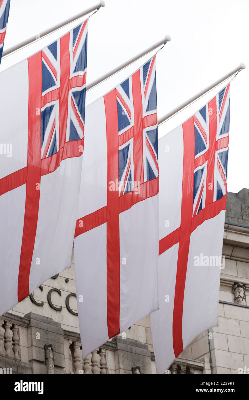 The Saint Georges Flag with the union jack flying at Admiralty Arch London in Honor of the Royal Wedding Stock Photo