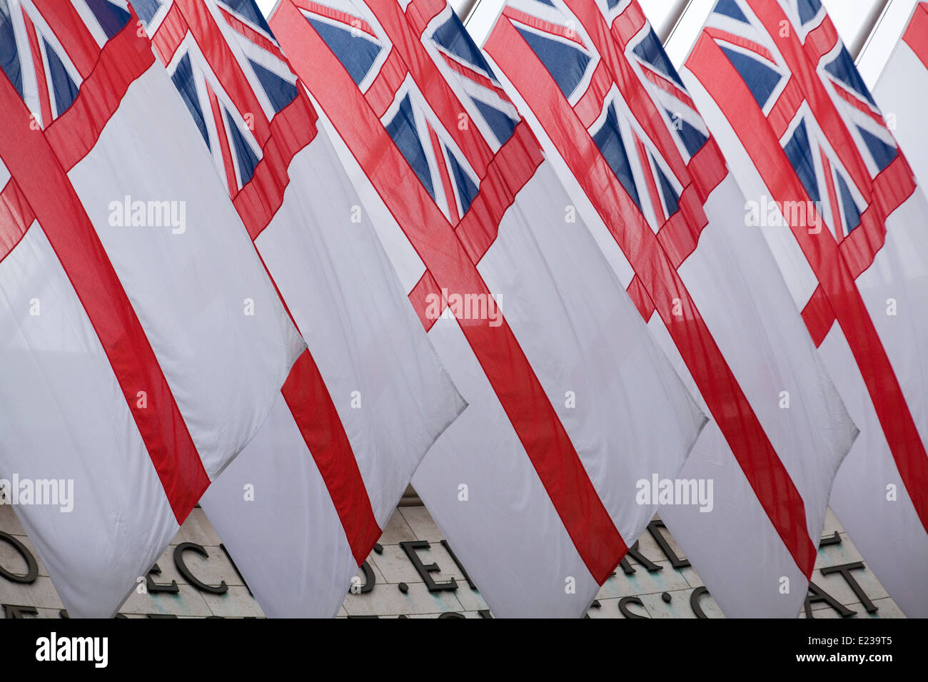 The Saint Georges Flag with the union jack flying at Admiralty Arch London in Honor of the Royal Wedding Stock Photo