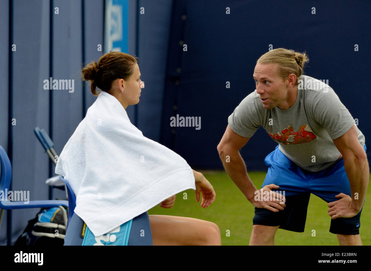 Lucie Safarova (Czech) on the practice courts with her trainer Rob Steckley at Eastbourne Stock Photo