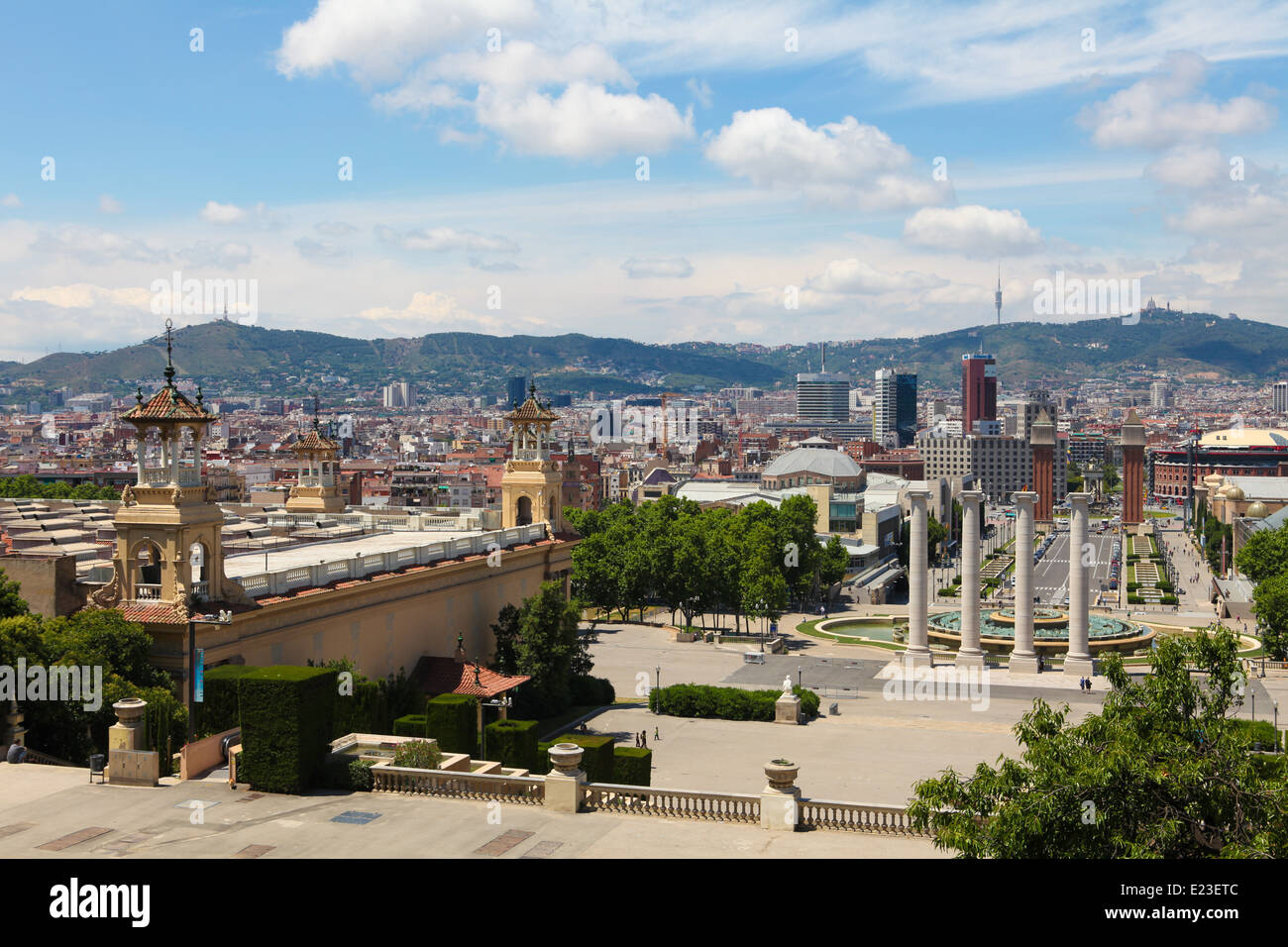 BARCELONA, SPAIN - JUNE 6, 2011: View from Montjuic on the Venetian Towers and the Placa Espana in Barcelona, Catalonia, Spain. Stock Photo