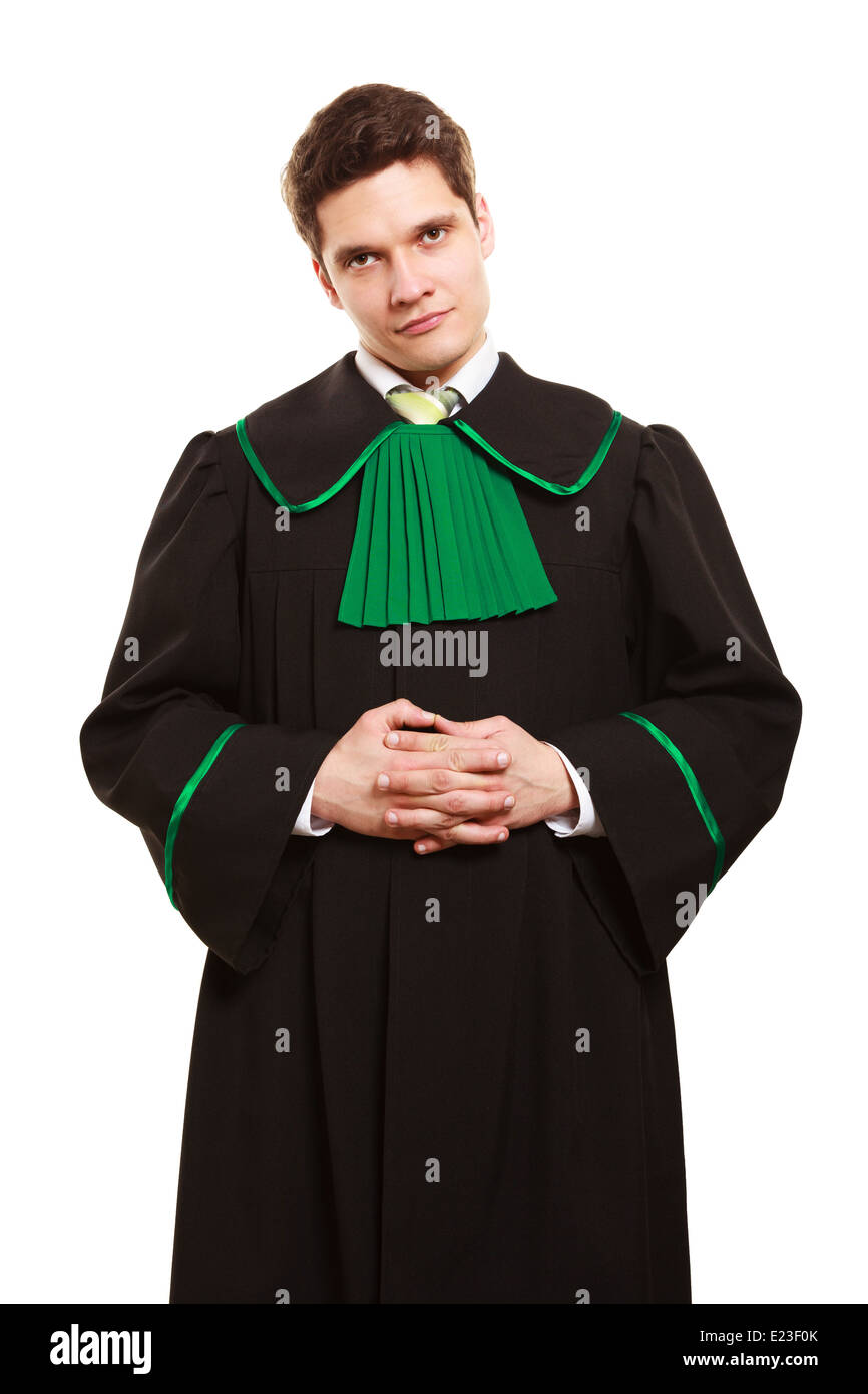 Law court and justice. Portrait of young man lawyer attorney in polish (Poland) black green gown isolated on white. Occupation. Stock Photo