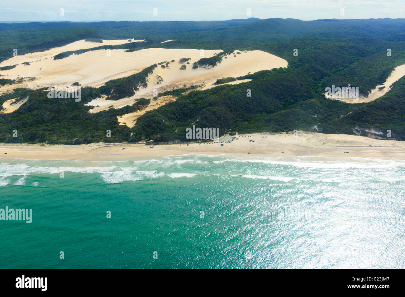Aerial View of Eli Creek and 75 Mile Beach, Fraser Island, Queensland, QLD, Australia Stock Photo