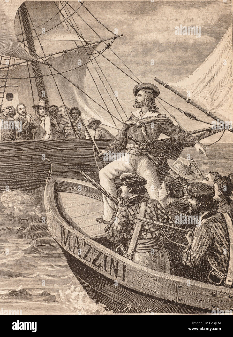 Giuseppe Mazzini From the Book of Jessie W. Mario of Life of Mazzini. Garibaldi attacks a imperial brig Stock Photo