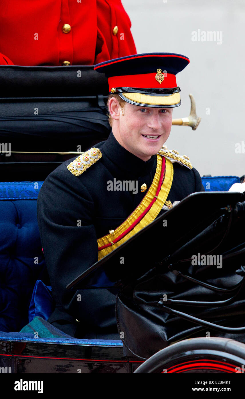 London, Great Britain. 14th June, 2014. Britain's Prince Harry driving in a carriage during the Trooping of the Colour Queen's annual birthday parade in London, Great Britain, 14 June 2014. Photo: Albert Nieboer -/dpa/Alamy Live News Stock Photo