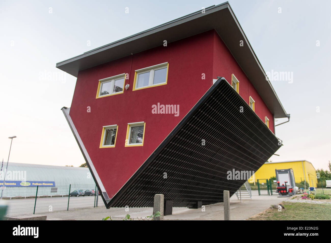 Red upside down house in Rügen, Germany as tourist attaction Stock Photo