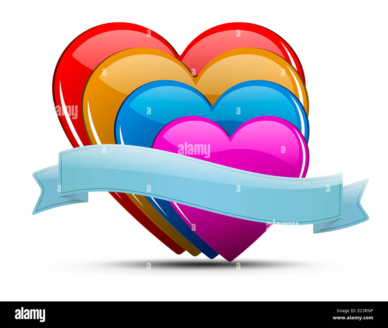 Glossy colored hearts with ribbon and shadow on light background - for your text. Stock Photo