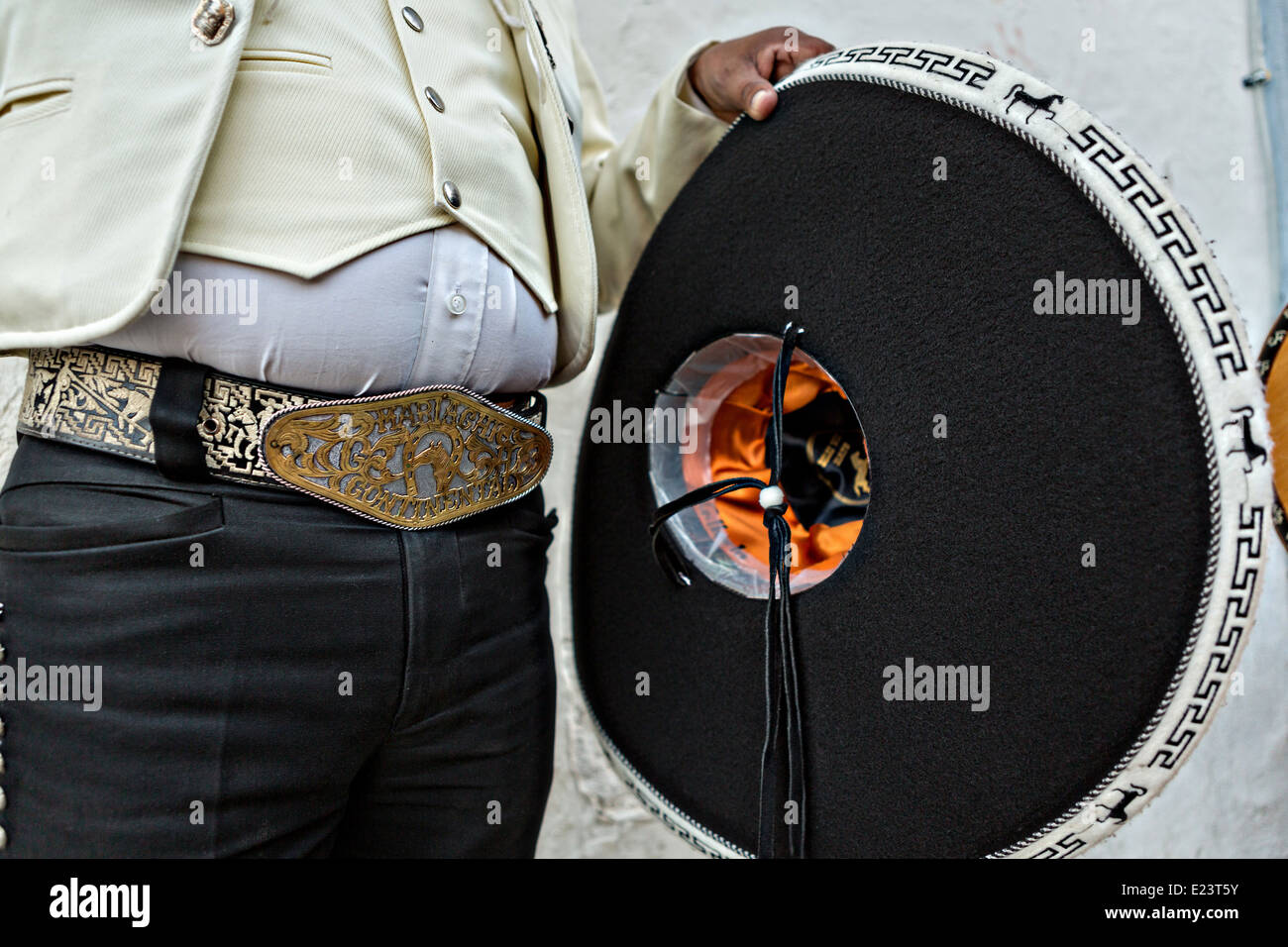 Cowboy belt buckle and sombrero of a Mexican mariachi dressed in traditional charro costume November 5 2013 in Oaxaca Mexico Stock Photo Alamy