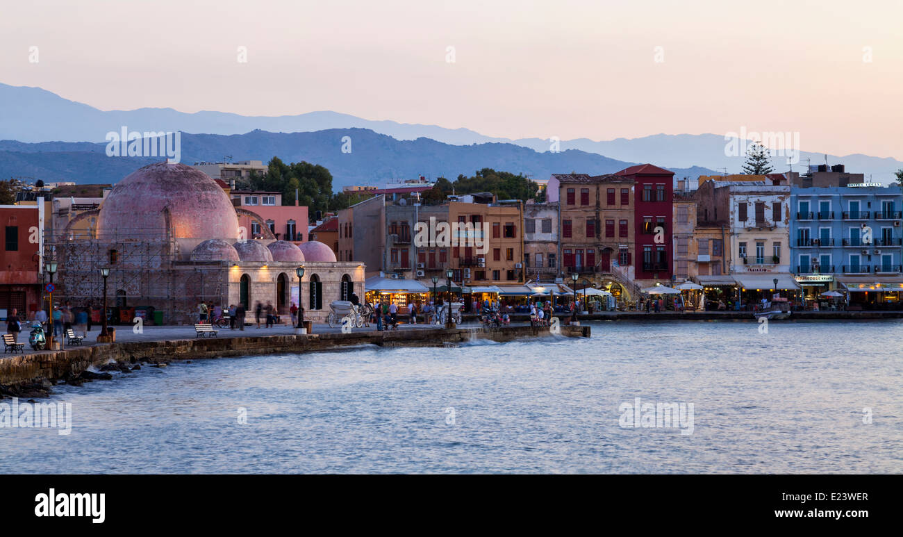 Sunset at Chania Harbour, Crete Greece. Stock Photo