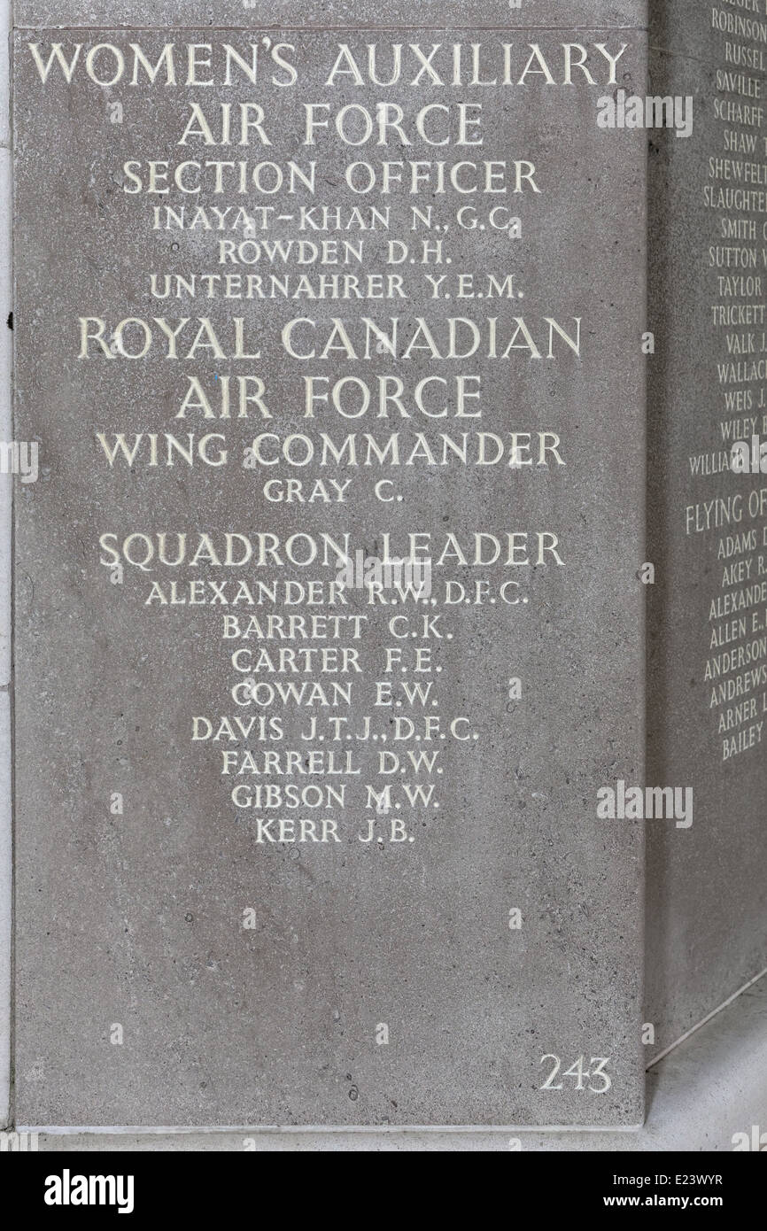 Inscriptions for women SOE Agents Inayat-Khan, Rowden & Unternahrer (Beekman) at the Air Forces Memorial Runnymede Stock Photo
