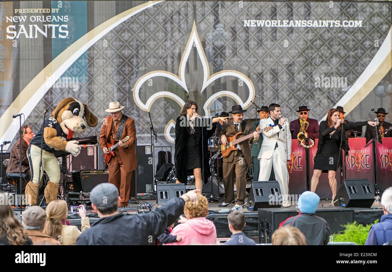 The Louisiana Spice band playing open air in New Orleans at an event sponsored by the Louisiana Saints team Stock Photo