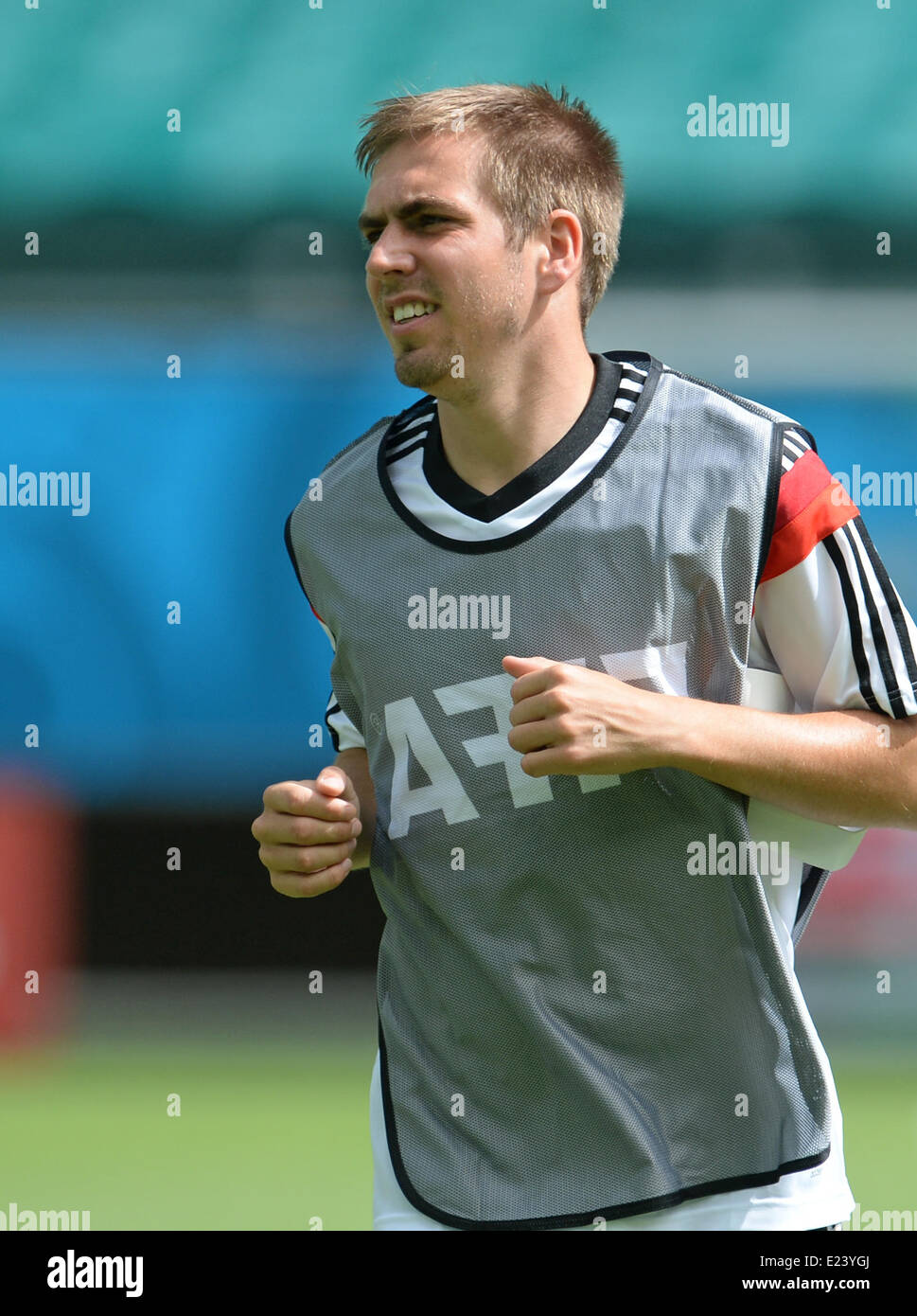 Salvador da Bahia, Brazil. 15th June, 2014. Philipp Lahm in action during a training session of the German national soccer team at the Arena Fonte Nova Stadium in Salvador da Bahia, Brazil, 15 June 2014. Germany will face Portugal in their group G preliminary round match at the FIFA World Cup 2014 on 16 June 2014 in Salvador da Bahia. Photo: Andreas Gebert/dpa (RESTRICTIONS APPLY: Editorial Use Only, not used in association with any commercial entity - Images must not be used in any form of alert service or push service of any kind including via mobile alert services, downloads to mobile devic Stock Photo