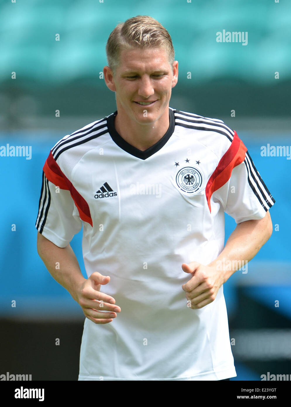Salvador da Bahia, Brazil. 15th June, 2014. Bastian Schweinsteiger in action during a training session of the German national soccer team at the Arena Fonte Nova Stadium in Salvador da Bahia, Brazil, 15 June 2014. Germany will face Portugal in their group G preliminary round match at the FIFA World Cup 2014 on 16 June 2014 in Salvador da Bahia. Photo: Andreas Gebert/dpa (RESTRICTIONS APPLY: Editorial Use Only, not used in association with any commercial entity - Images must not be used in any form of alert service or push service of any kind including via mobile alert services, downloads to mo Stock Photo