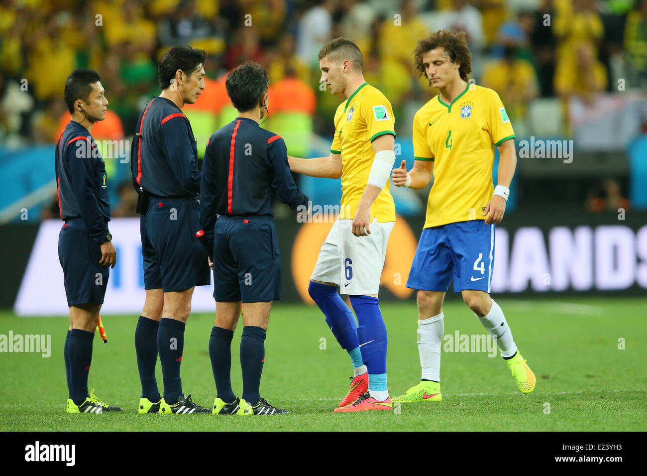 Arena de Sao Paulo, Sao Paulo, Brazil. 12th June, 2014. (L to R) Toru Sagara, Yuichi Nishimura (Referee), Toshiyuki Nagi, Marcelo, David Luiz (BRA), JUNE 12, 2014 - Football /Soccer : 2014 FIFA World Cup Brazil Group Match -Group A- between Brazil 3-1 Croatia at Arena de Sao Paulo, Sao Paulo, Brazil. © YUTAKA/AFLO SPORT/Alamy Live News Stock Photo