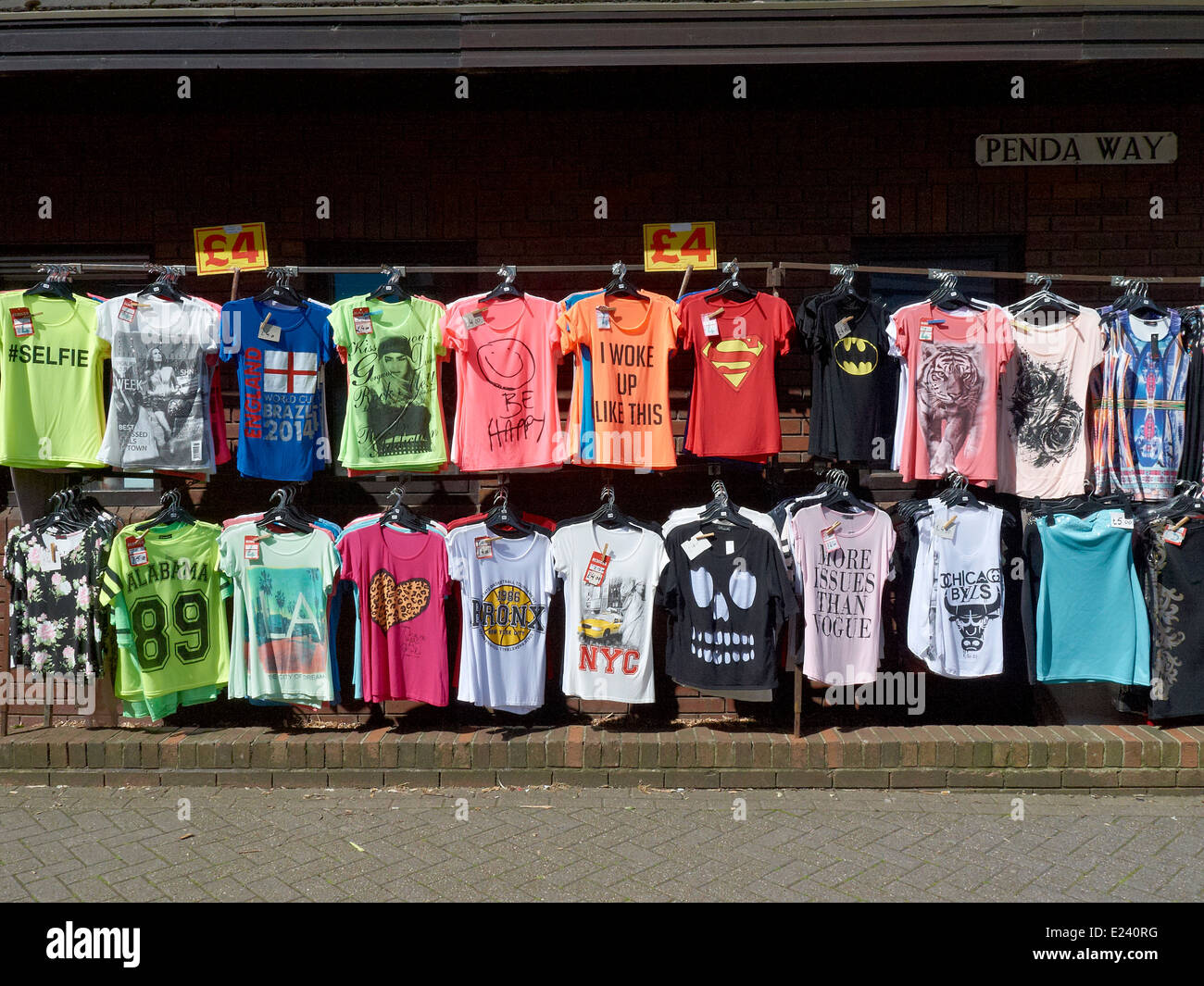 Trendy printed T shirts for sale in Sandbach Cheshire UK Stock Photo