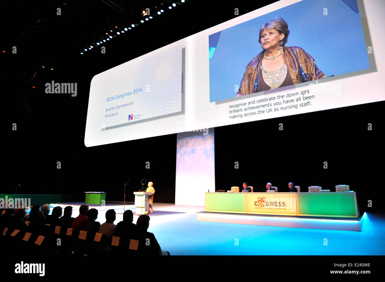 Liverpool UK 15th June 2014. RCN - Royal College of Nurses Annual Congress opens in Liverpool today. Standing Andrea Spyropoulos RCN President Credit:  GeoPic / Alamy Live News Stock Photo