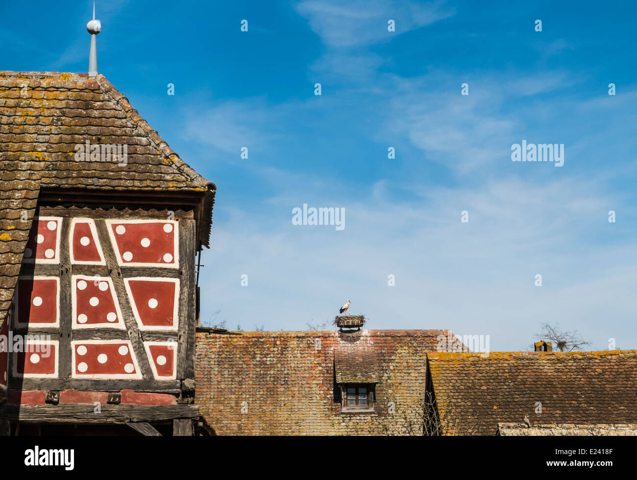 red facade with white dots, ensemble of historic half-timbered houses, one bears a stork´s nest, écomusée d´alsace, ungersheim Stock Photo