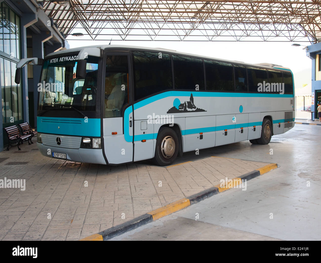 A Mercedes coach bus is seen at the bus station in Lefkada, Greece. The ...
