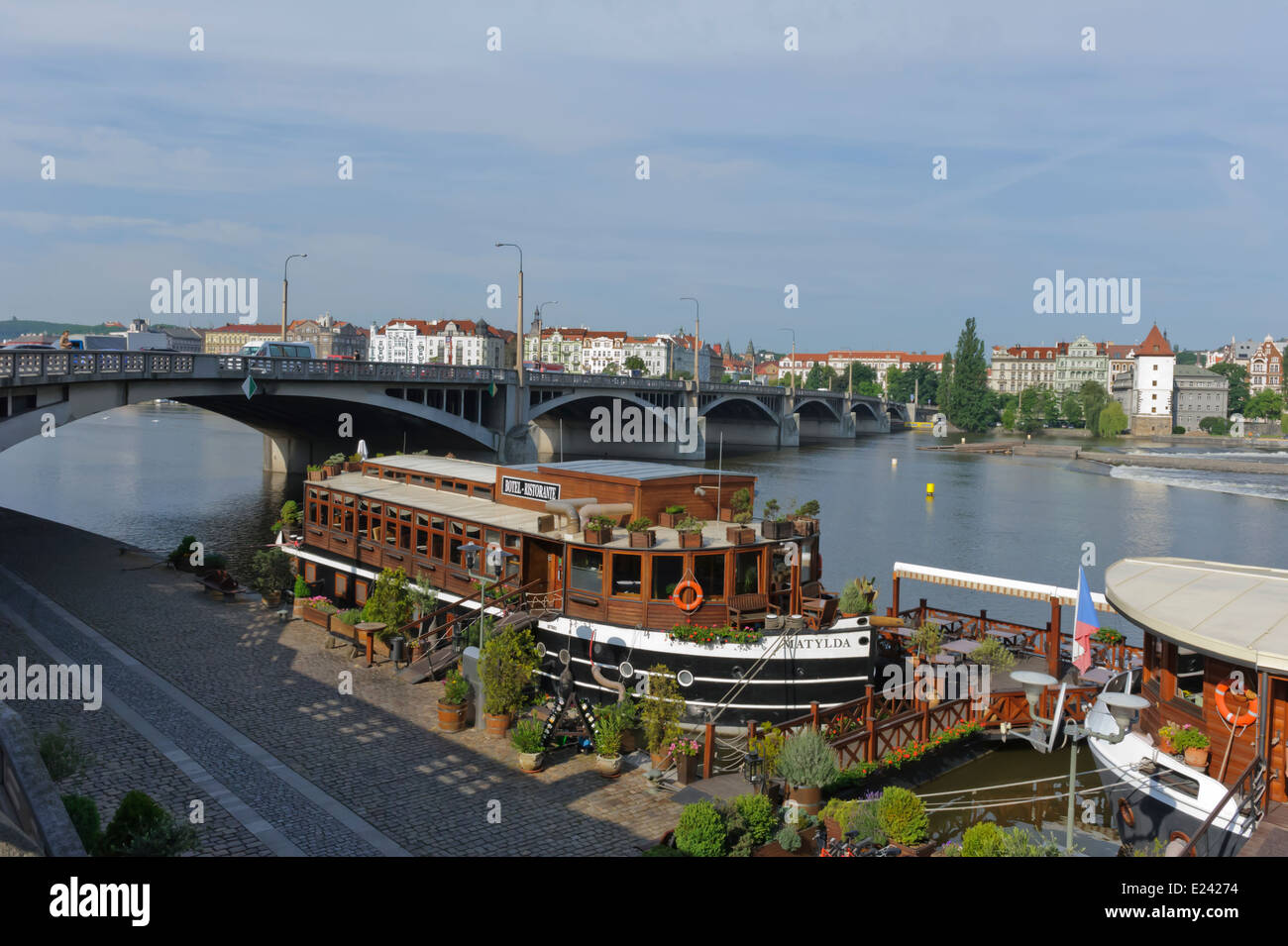 A floating restaurant 'Matylda' on the river, Prague, Czech Republic. Stock Photo