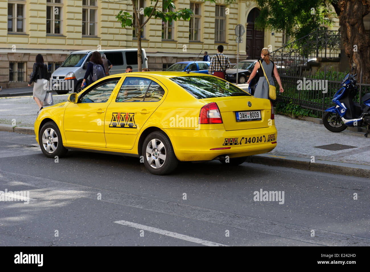 Official Yellow Taxi car in Prague, Czech Republic. Stock Photo