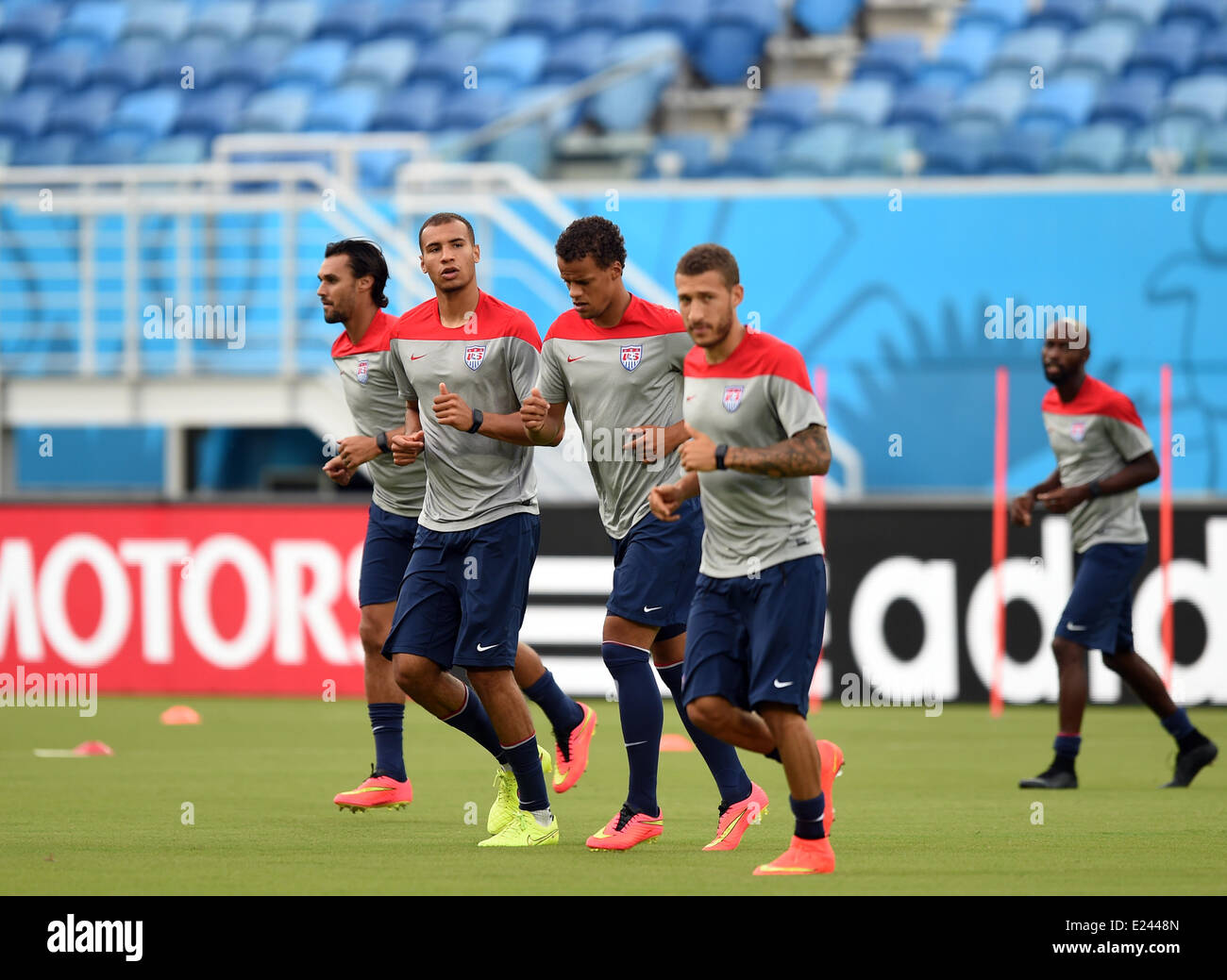 Natal, Brazil. 15th June, 2014. Chris Wondolowski (L-R), John Brooks, Timothy Chandler and Fabian Johnson in action during a training session of USA's national soccer team at the Arena das Dunas Stadium in Natal, Brazil, 15 June 2014. Ghana will face USA in their group G preliminary round match at the FIFA World Cup 2014 on 16 June 2014 in Natal. Photo: Marius Becker/dpa/Alamy Live News Stock Photo