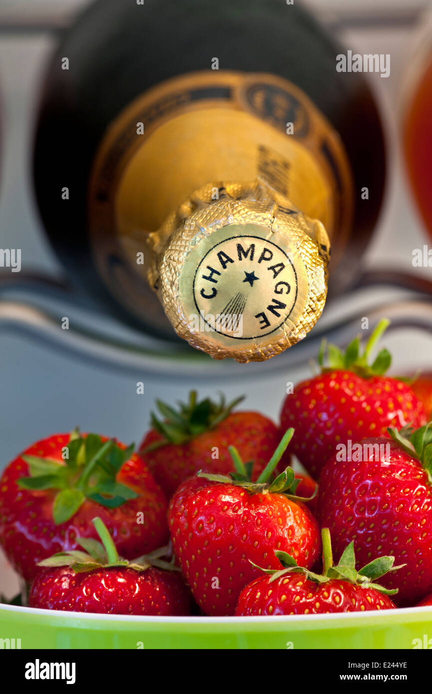 CHAMPAGNE STRAWBERRIES Champagne bottle in wine chiller with bowl of fresh strawberries ready for luxury alfresco outdoor event entertainment Stock Photo