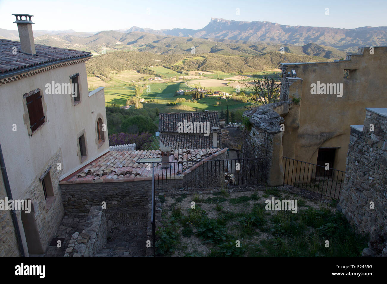 French landscape. Vieux-Suze (Old Suze) an ancient fortified village perched on a steep hillside overlooking a fertile valley in La Drôme, France. Stock Photo