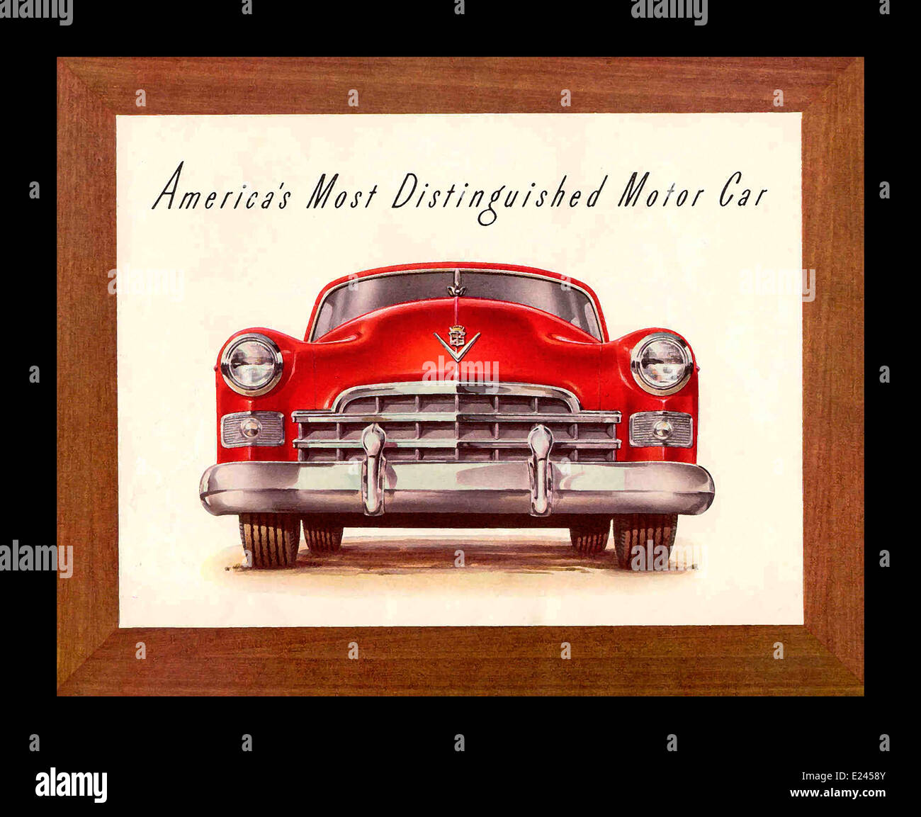 1950's vintage poster of a red Cadillac illustration in a wooden frame Stock Photo