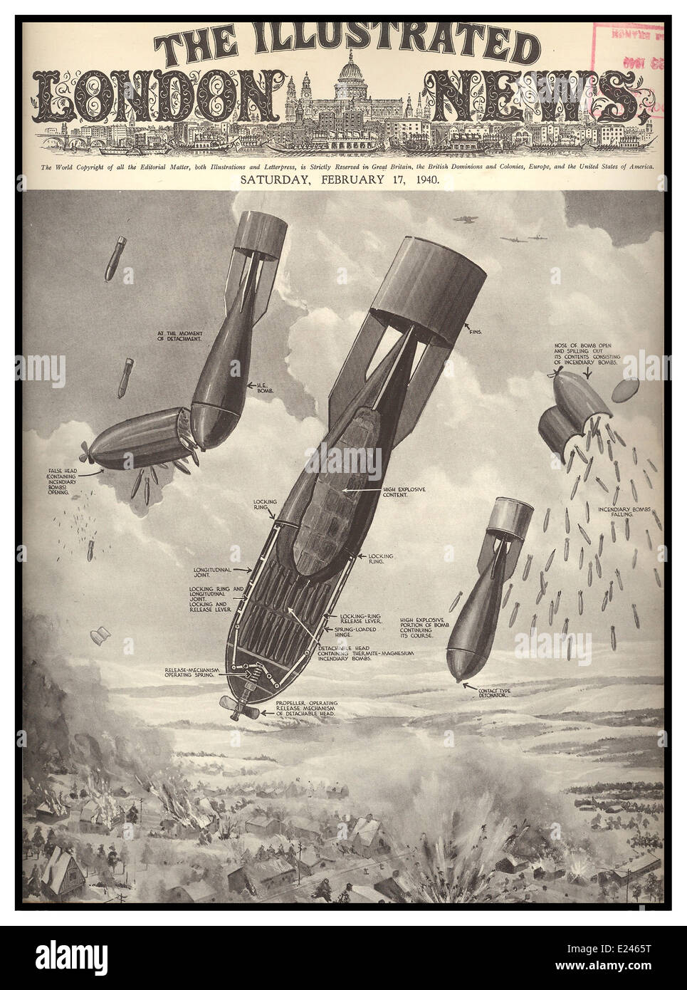 LONDON BLITZ NEWS BOMBS February 17th 1940 Front cover of Illustrated London News showing the  inner workings of German bombs raining down on London Stock Photo