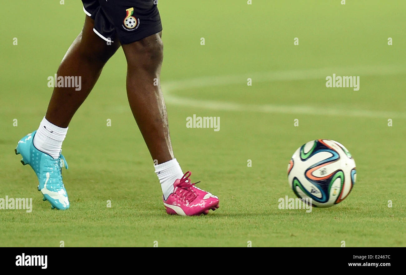 Natal, Brazil. 15th June, 2014. Asamoah Gyan seen during a training session of Ghana's national soccer team at the Arena das Dunas Stadium in Natal, Brazil, 15 June 2014. Ghana will face USA in their group G preliminary round match at the FIFA World Cup 2014 on 16 June 2014 in Natal. Photo: Marius Becker/dpa/Alamy Live News Stock Photo