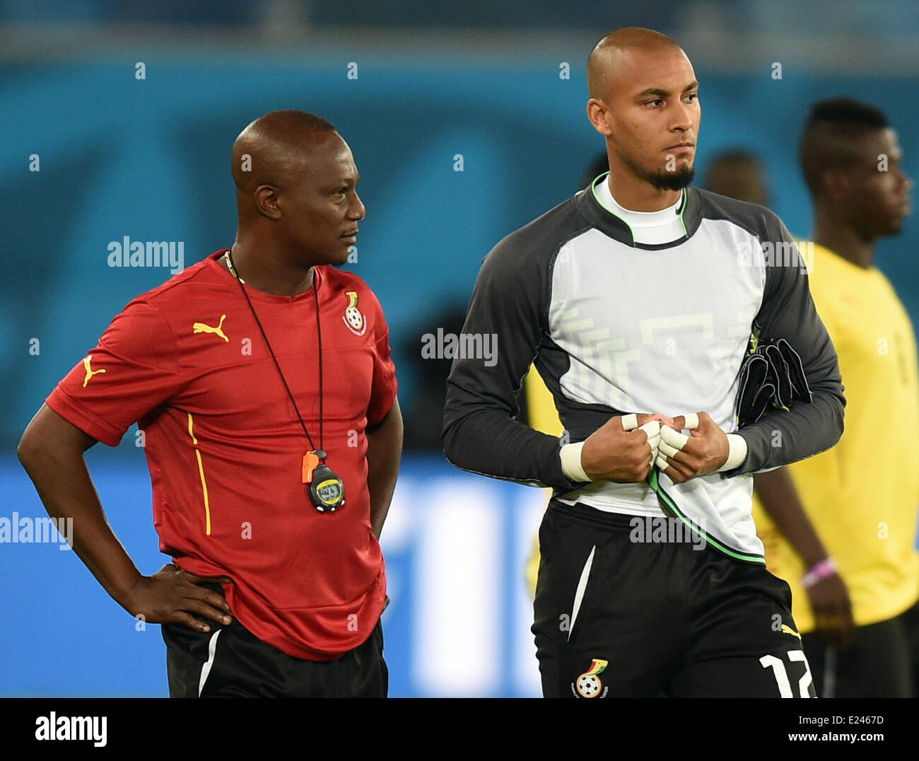 Natal, Brazil. 15th June, 2014. Head coach James Appiah and goalkeeper Adam Kwarasey (R) during a training session of Ghana's national soccer team at the Arena das Dunas Stadium in Natal, Brazil, 15 June 2014. Ghana will face USA in their group G preliminary round match at the FIFA World Cup 2014 on 16 June 2014 in Natal. Photo: Marius Becker/dpa/Alamy Live News Stock Photo