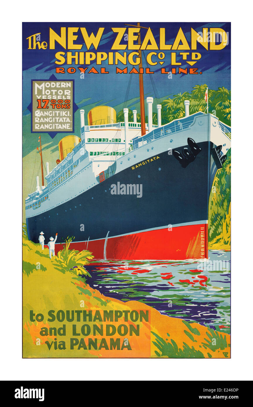 Poster Vintage retro 1930's Cruise ship ' Rangitata ' navigating Panama Canal en route Southampton London Stock Photo