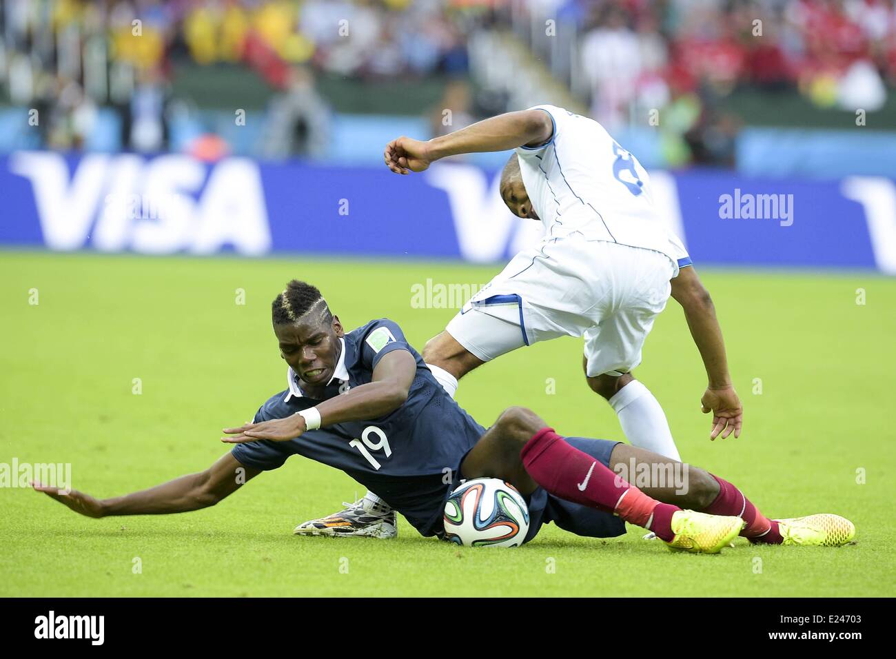Porto Alegre, Brazil. 15th June, 2014. Paul Pogba (Fra) fouled by Wilson PALACIOS(Hon) FOOTBALL : FIFA World Cup finals. France versus Honduras. Credit:  Action Plus Sports/Alamy Live News Stock Photo