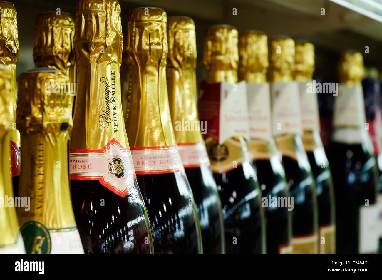 Bottles of Champagne on the shelves of a supermarket in France Stock Photo