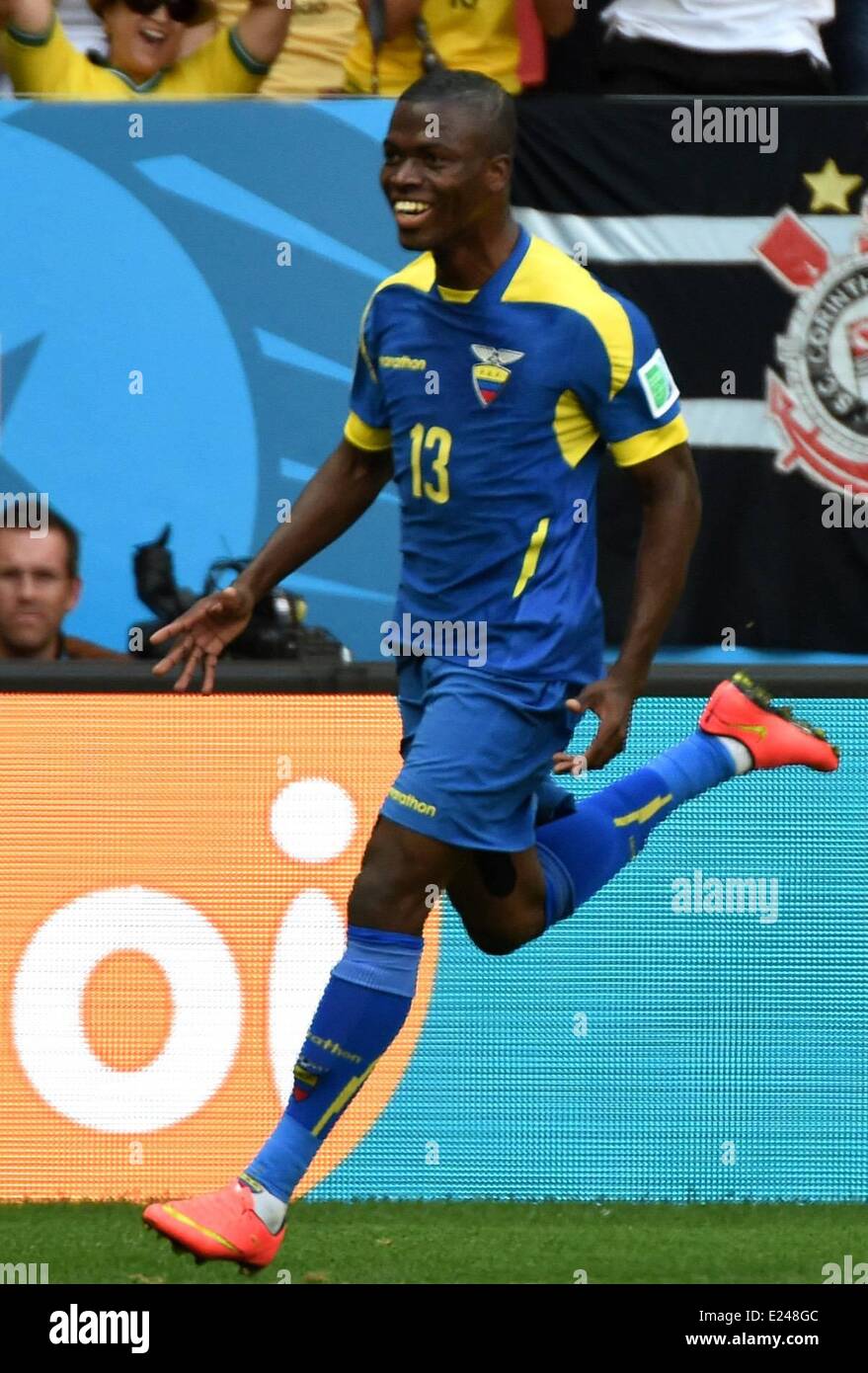 Brasilia, Brazil. 15th June, 2014. Ecuadors Enner Valencia celebrates for his goal during a Group E match between Switzerland and Ecuador of 2014 FIFA World Cup at the Estadio Nacional Stadium in Brasilia, capital of Brazil, June 15, 2014. Credit:  Action Plus Sports Images/Alamy Live News Stock Photo