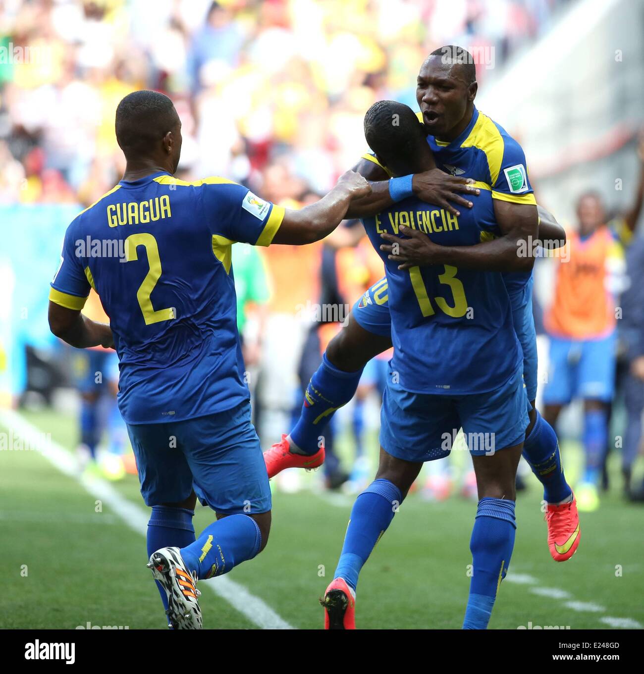 Brasilia, Brazil. 15th June, 2014. Ecuadors Enner Valencia (R, front) celebrates a goal with Walter Ayovi (back) during a Group E match between Switzerland and Ecuador of 2014 FIFA World Cup at the Estadio Nacional Stadium in Brasilia, capital of Brazil, June 15, 2014. Credit:  Action Plus Sports Images/Alamy Live News Stock Photo