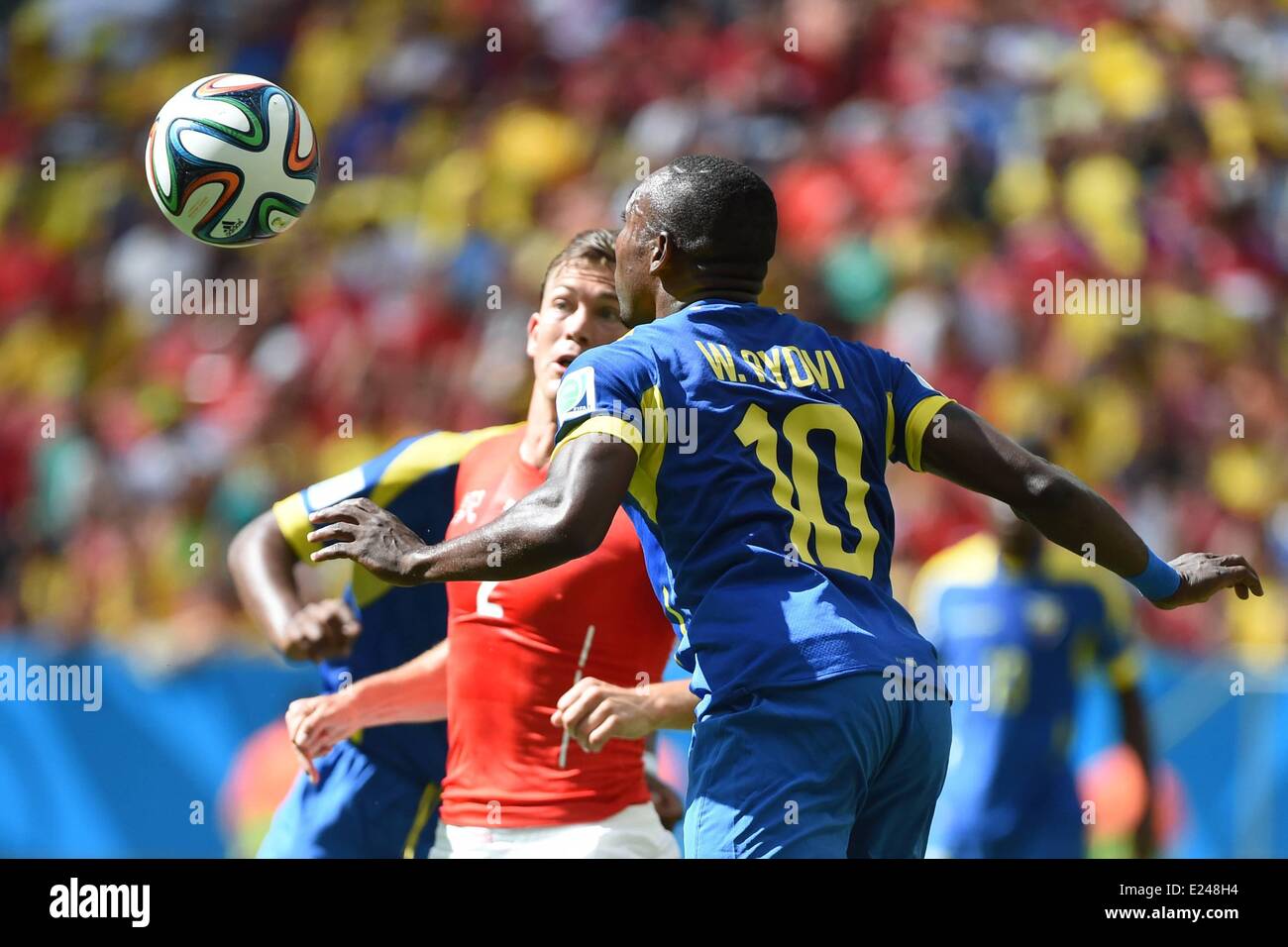 Brasilia, Brazil. 15th June, 2014. Ecuadors Walter Ayovi challenges for the ball during a Group E match between Switzerland and Ecuador of 2014 FIFA World Cup at the Estadio Nacional Stadium in Brasilia, capital of Brazil, June 15, 2014. Credit:  Action Plus Sports Images/Alamy Live News Stock Photo