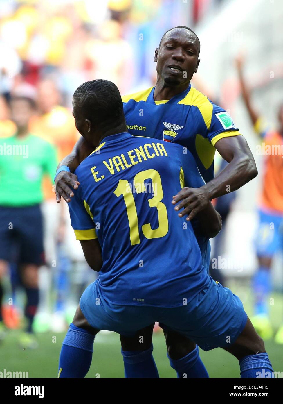 Brasilia, Brazil. 15th June, 2014. Ecuadors Enner Valencia celebrates his goal with Walter Ayovi during a Group E match between Switzerland and Ecuador of 2014 FIFA World Cup at the Estadio Nacional Stadium in Brasilia, capital of Brazil, June 15, 2014. Credit:  Action Plus Sports Images/Alamy Live News Stock Photo
