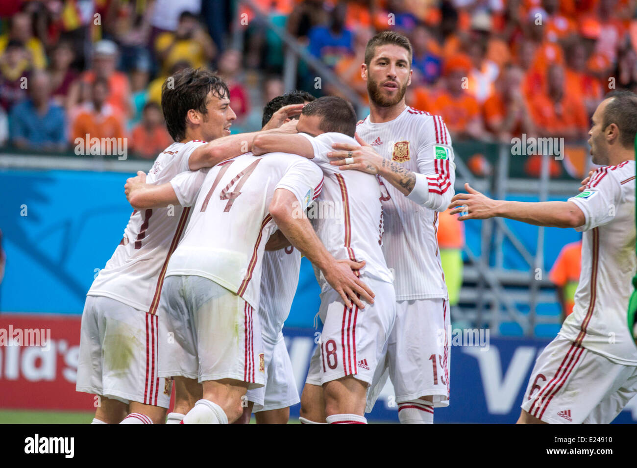 Spain team group (ESP), JUNE 13, 2014 - Football / Soccer : Xabi Alonso (14) of Spain celebrates scoring the opening goal from a penalty spot during the FIFA World Cup Brazil 2014 Group B match between Spain 1-5 Netherlands at Arena Fonte Nova in Salvador, Brazil. (Photo by Maurizio Borsari/AFLO) Stock Photo