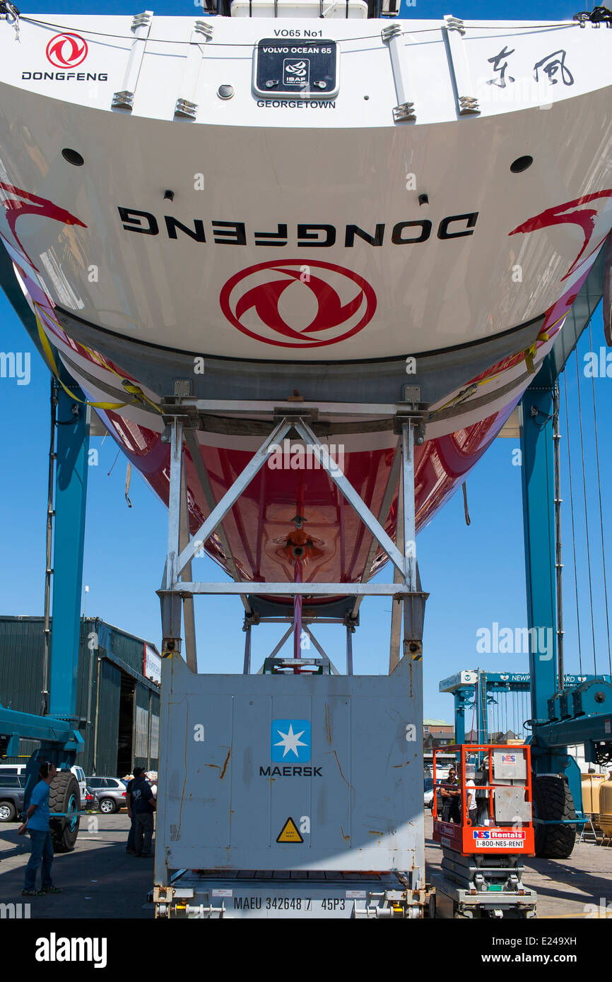 The Dongfeng sponsored Volvo 65 one design racing yacht hauled out on dock in Newport Shipyard being prepared for ocean crossing Stock Photo