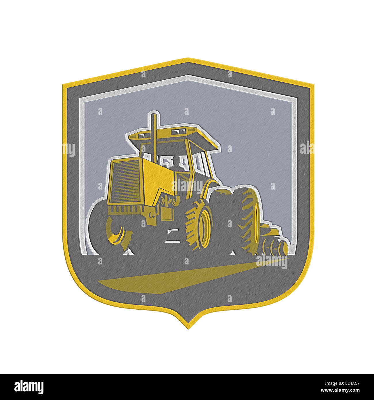 Metallic styled illustration of a farmer driving riding vintage tractor ...