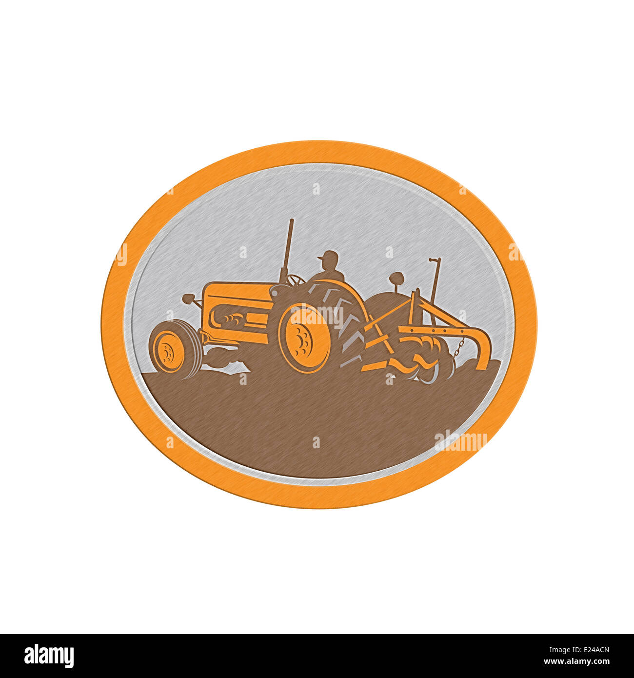 Metallic styled illustration of a vintage tractor with farmer driver plowing field sideview set inside an oval done in retro style on isolated background. Stock Photo