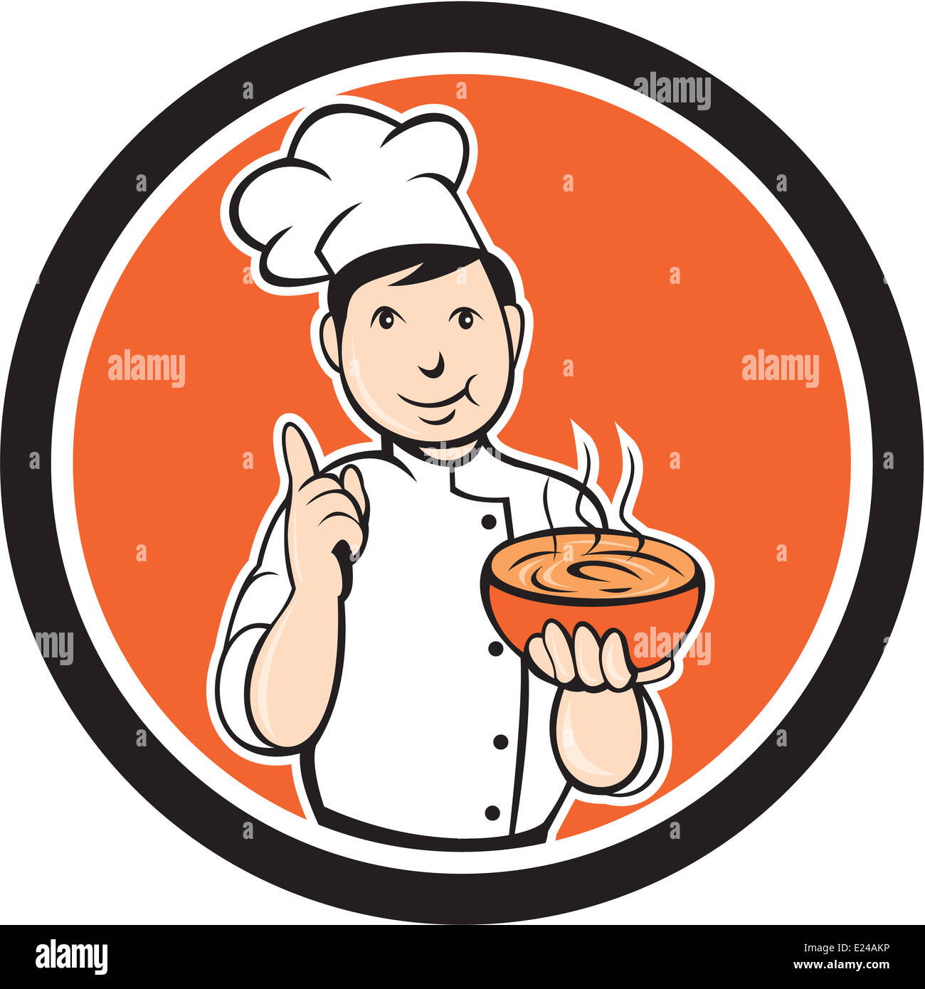 Illustration of a chef cook baker holding serving hot bowl of soup set ...