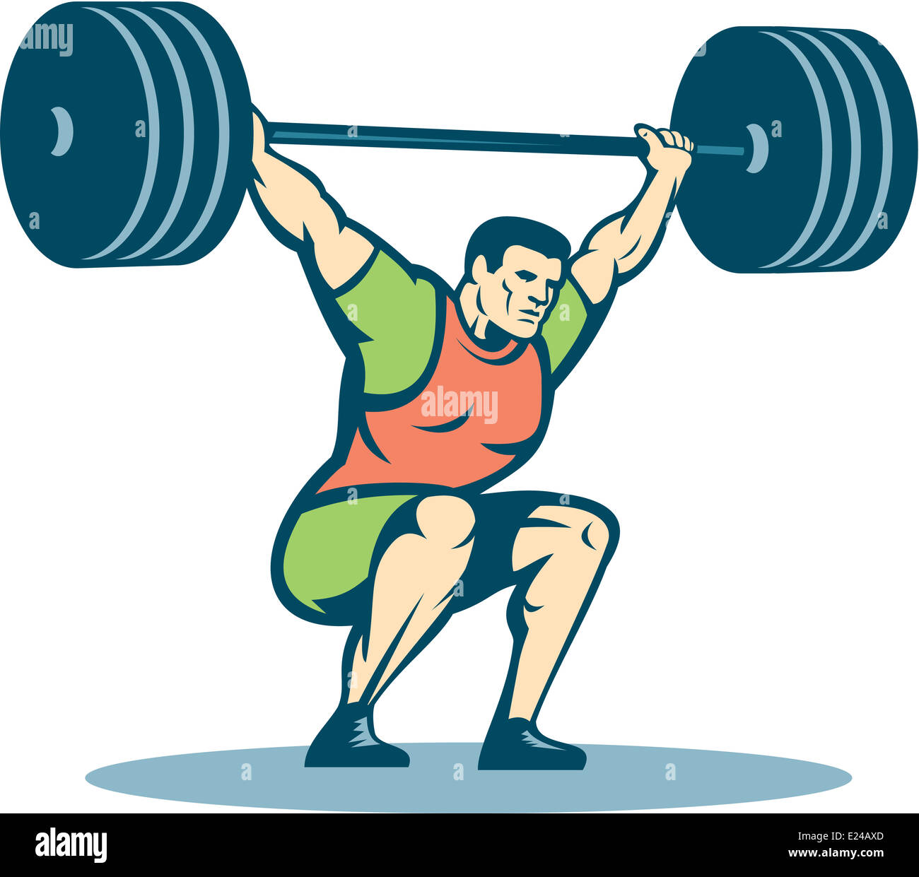Illustration of a weightlifter lifting barbell over head on isolated