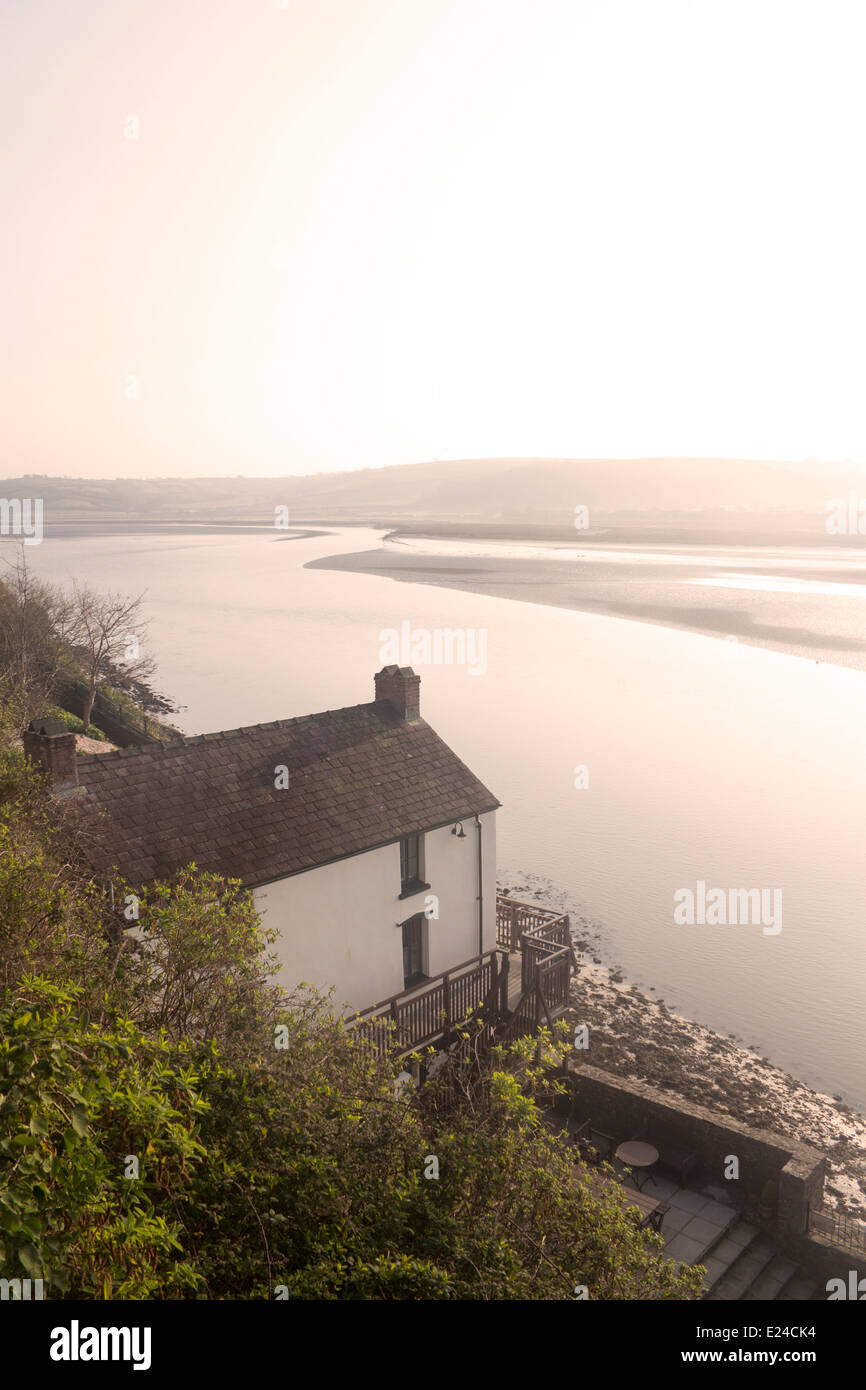 Dylan Thomas Boat House Boathouse at dawn Laugharne Talacharn CArmarthenshire West Wales UK Stock Photo