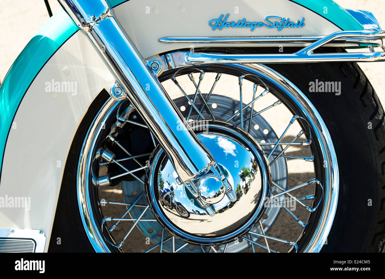 Harley Davidson heritage softail motorcycle, wheel abstract, at a bike show in England Stock Photo