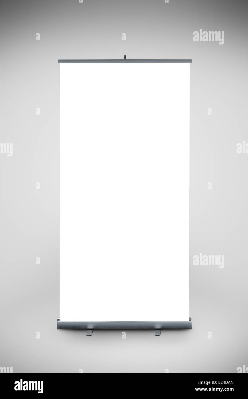 Blank Roll up banner as copy space template for your text or design portfolio. Point of sale marketing graphics element. Stock Photo