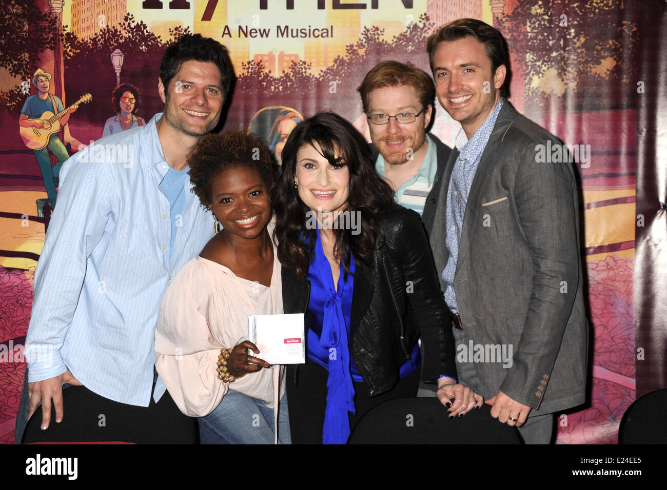 Tom Kitt, LaChanze, Idina Menzel, Anthony Rapp and James Snyder attend the 'If/Then' Broadway Cast CD Signing at the Sony Store on June 12, 2014 in New York City Stock Photo
