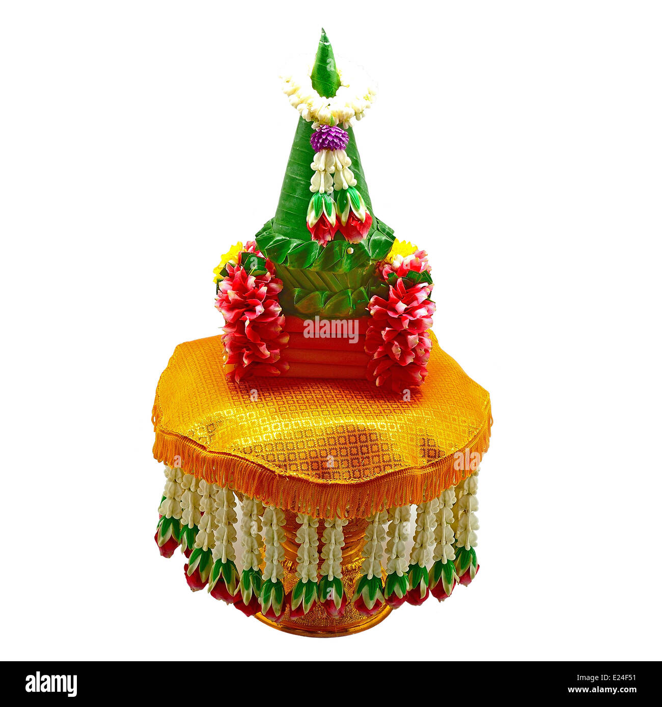 Flower decorated on tray with pedestal to be used in the ceremony to get ordained as a Buddhist monkhood Stock Photo